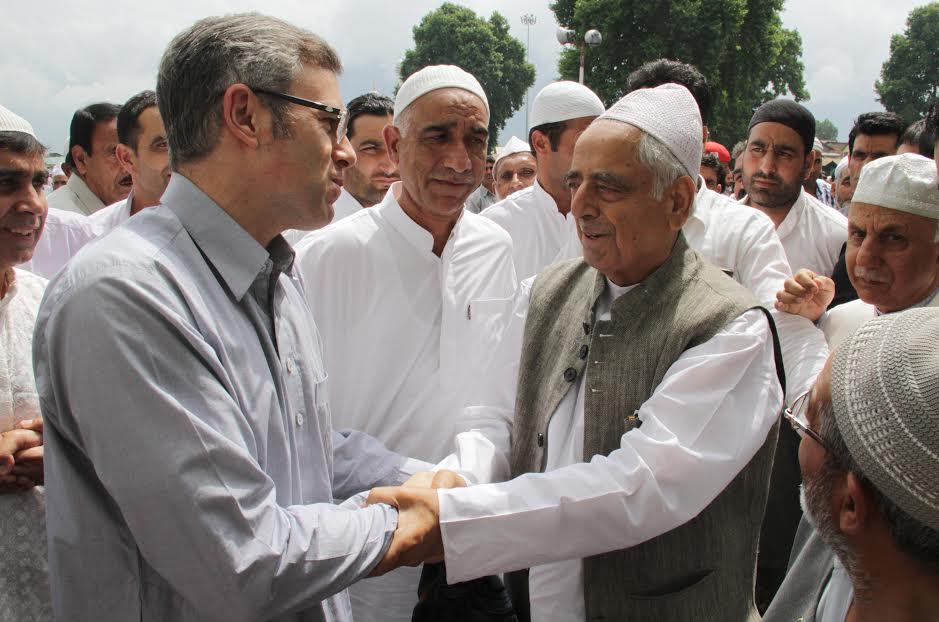 Mufti, Omar embrace each other at Hazratbal after Eid prayers